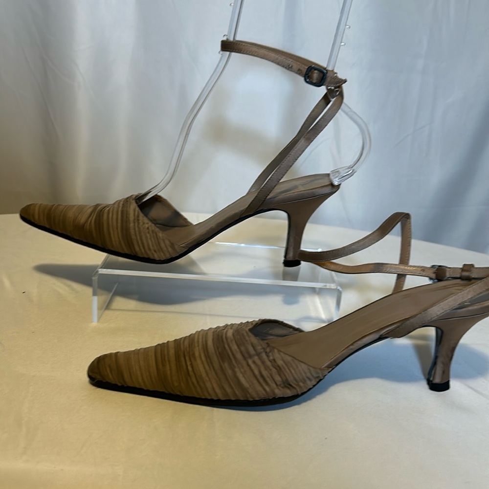 Delman taupe satin 3" ankle strap heels